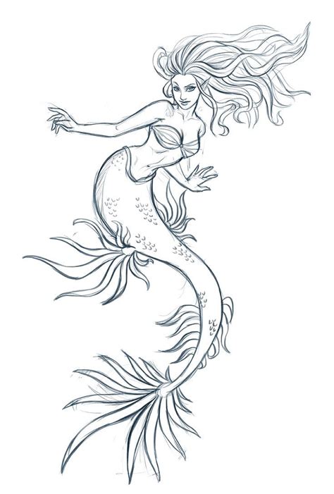 a drawing of a mermaid with her hair blowing in the wind, on a white ...