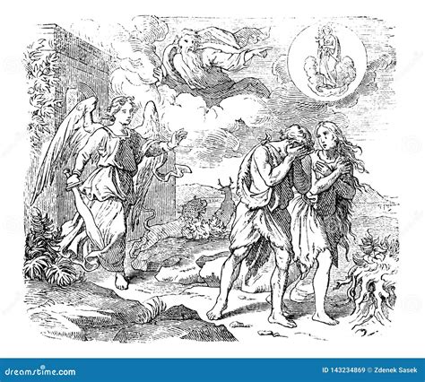 Vintage Drawing of Biblical Adam and Eve and Expulsion from Paradise ...