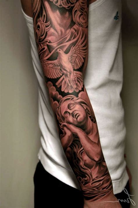 Black And Grey Angel Sleeve Tattoos