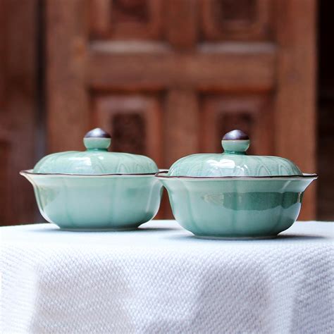 Celadon ceramic bowls with lids (Pair) - Lotus Leaves | NOVICA