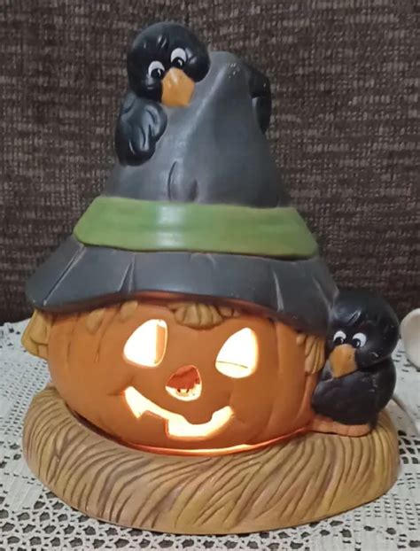 VINTAGE CERAMIC HALLOWEEN Ghost Jack O lantern Pumpkin W/ Crows lighted $12.90 - PicClick