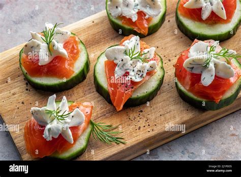 smoked salmon cucumber bites Stock Photo - Alamy