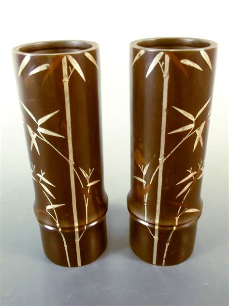 Pair Japanese Meiji Period Bronze Mixed Metal Bamboo Vases Signed | 504623 | Sellingantiques.co.uk