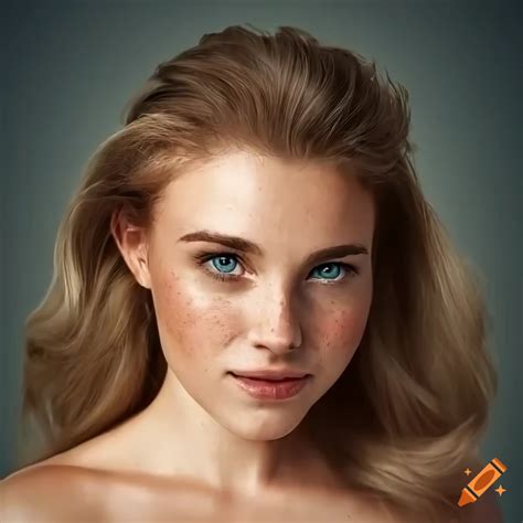 Portrait of a beautiful young woman with freckles and dark blonde hair ...