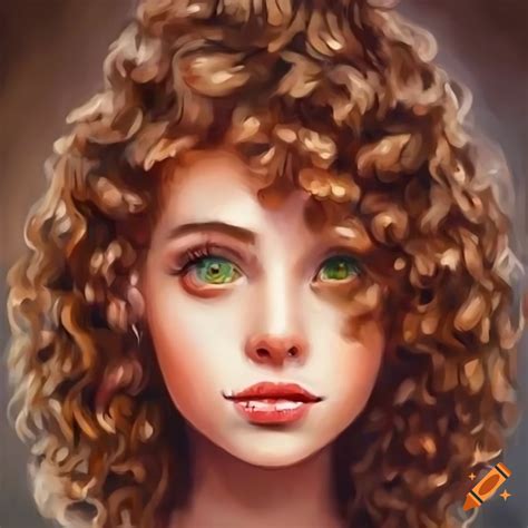 Cartoon girl with green eyes and curly brown hair on Craiyon