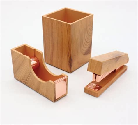 Wooden Rose Gold Office Stationery Set Stapler Tape Dispenser Office Desk Accessory School ...