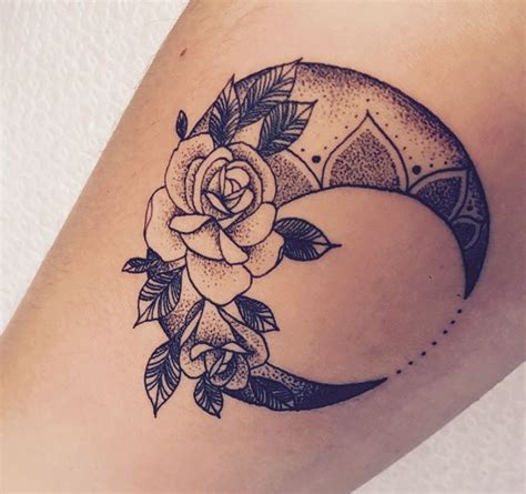 Moon and rose tattoo with some dotting detail and shading Dot Tattoos, Animal Tattoos, Body Art ...