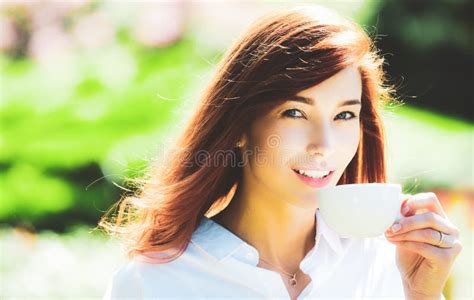 Outdoor Portrait of Young Beautiful Happy Smiling Lady Wit Cup Coffee ...