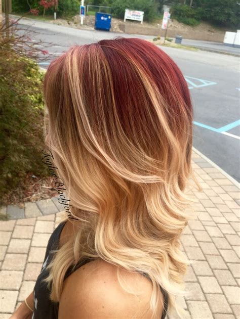 Cherry red to a peachy blonde balayage ombré. Check out more work at ...