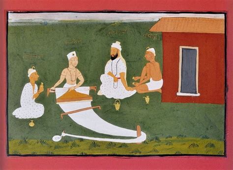 Early 19th c painting from Jaipur showing Bhagat Kabir (2nd from Left) with Bhagat Namdev ...