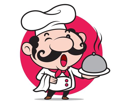 Cartoon happy cute chef character holding silver platter and white ...