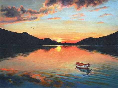 a painting of a boat in the water at sunset
