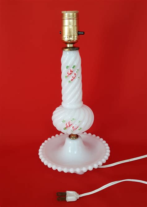 Vintage White Milk Swirled Beaded Glass Electric Lamp Painted Red Green Floral Design Boudoir ...