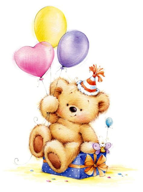 a happy birthday card with a teddy bear holding a cake, balloons and other items