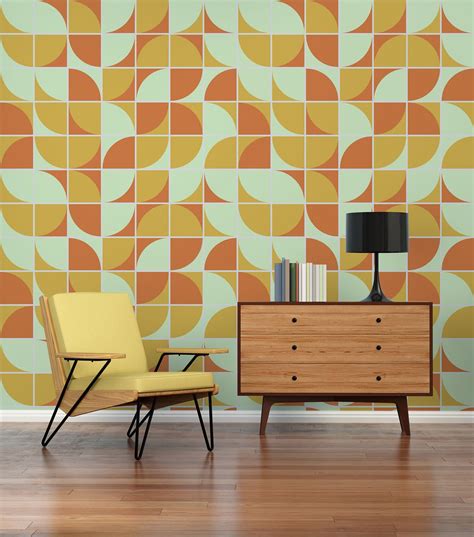 Retro Geometric Wallpaper, 70s Wallpaper, Abstract Pattern Wallpaper, Peel and Stick, Vinyl ...