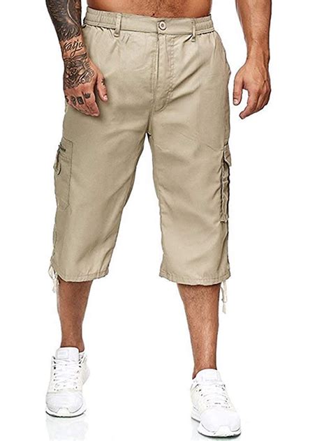 Bagilaanoe Men's Casual 3/4 Cargo Shorts Below Knee Loose Cargo Capri Shorts Multi-Pocket ...