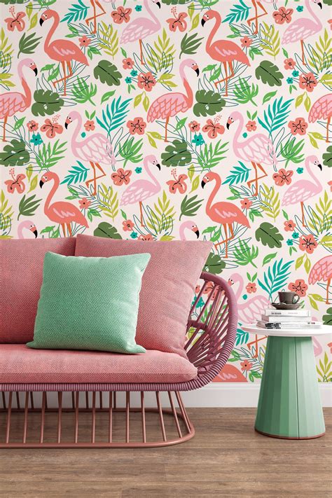 Tropical wallpaper with pink flamingo, tropical leaves, monstera leaves ...