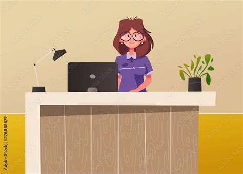 Reception desk. Hotel receptionist character. Cartoon vector illustration. Stock Vector | Adobe ...