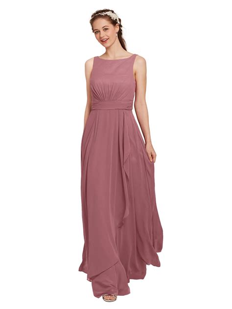 Dusky Pink Chiffon Bridesmaid Dress Wedding Party Prom Gown Maxi Evening washhounds.com