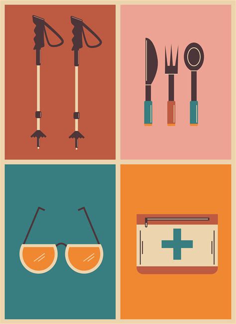 retro geometric bright poster with camping and hiking things. walking sticks, glasses, aid kit ...