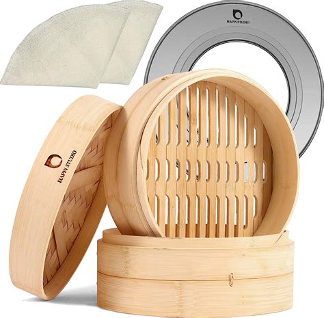 Amazon.com: HAPPi STUDIO Bamboo Steamer Basket With Steamer Ring - 10 ...