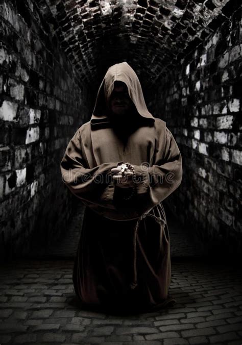 Praying monk in dark temple corridor. Mystery monk praying on kneels in dark tem , #ad, #dark, # ...