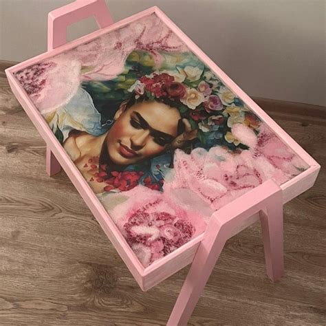 Frida Kahlo Hand-painted Pink Art Epoxy Resin Coffee Table, Modern ...