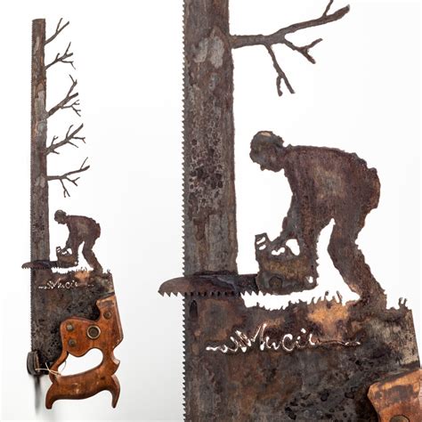 Logger Cutting Down Tree- Hand Cut Plasma Metal Art Hand Saw- Rustic ...