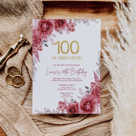 100th Birthday Invitations, Printable 100th Birthday Party Invitation ...