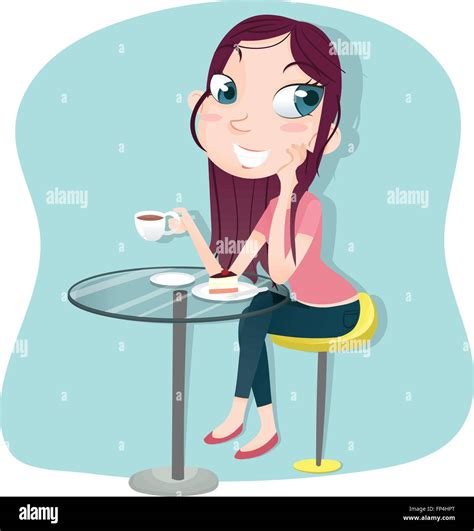 cartoon girl sitting drinking coffee with cake Stock Vector Image & Art ...