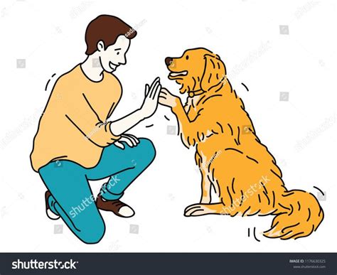 Young man, kneel down, giving high five with Golden Retriever dog ...