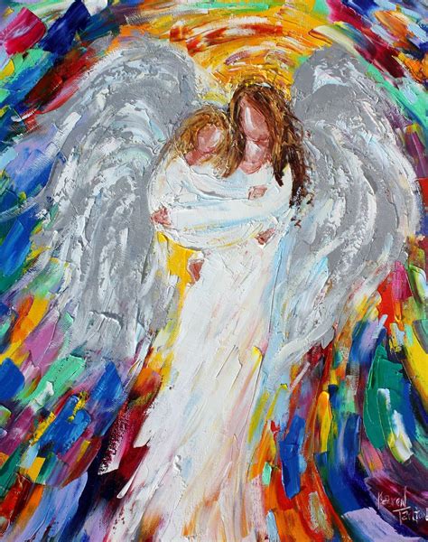 Angel and child painting in oil palette knife impressionism on canvas ...