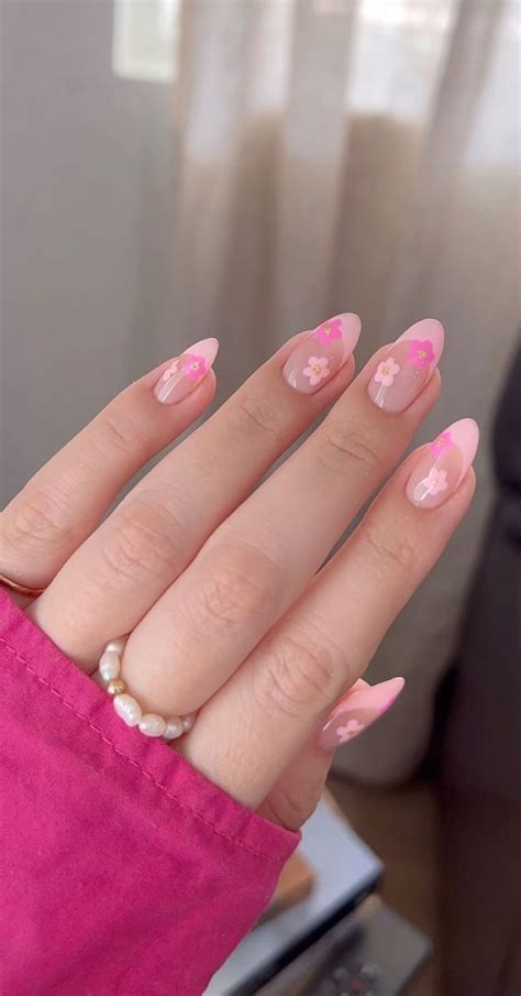 52 Cute Floral Nail Art Designs : Pink Floral & French Tips