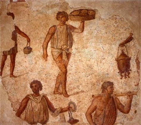 Mosaic of slaves serving at a banquet, Roman, from Carthage; third ...