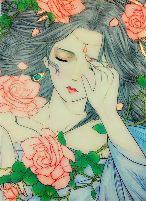 a drawing of a woman with flowers around her neck and hands to her face, surrounded by roses