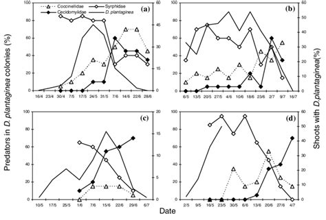 Occurrence of aphidophagous predators in D. plantaginea colonies in:... | Download Scientific ...