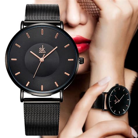 SK Fashion Black Women Watches High Quality Ultra Thin Quartz Elegant ...