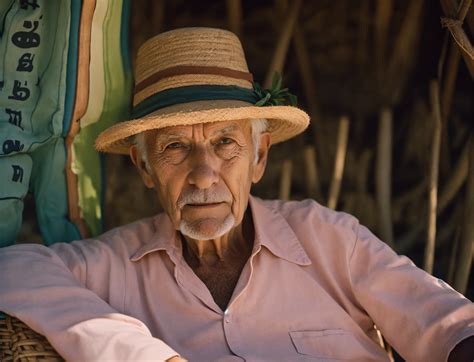 Lexica - A wise WHITE old man with bakoua hat in a beach scenery, sitting on a straw chair, shot ...