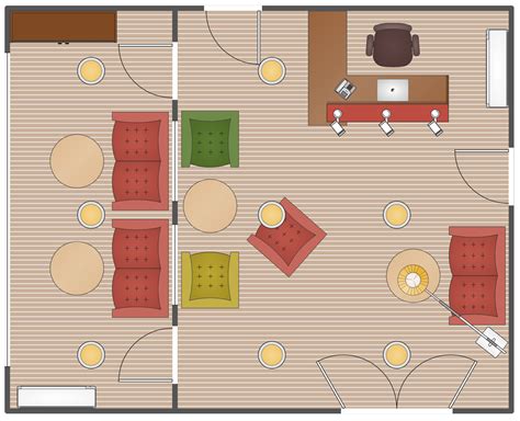 an overhead view of a living room and dining area in a floor plan with furniture