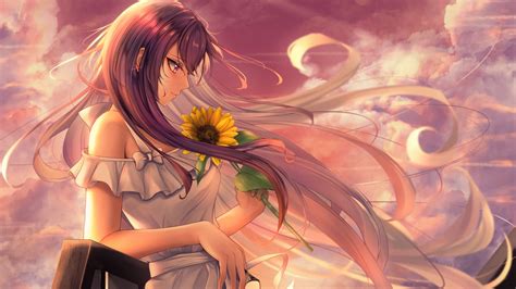 Anime girl Wallpaper 4K, Happy Mood, Sunflower, Alone, 5K