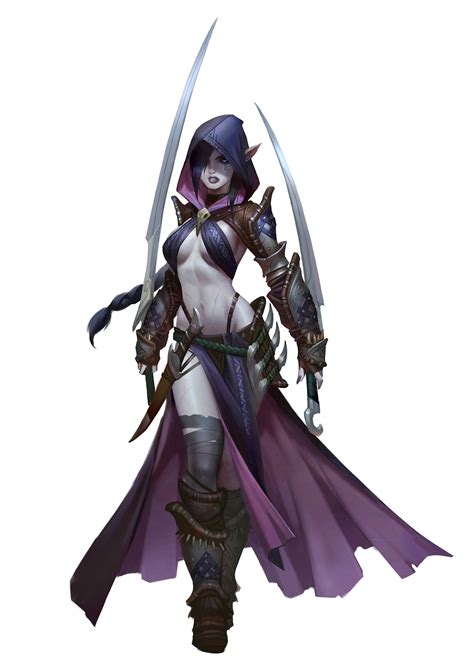 a female character with two swords in her hand and wearing purple ...