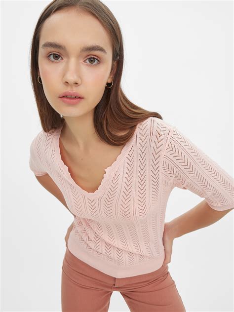 Semi Sheer V-Neck Top - Light Pink - Pomelo Fashion