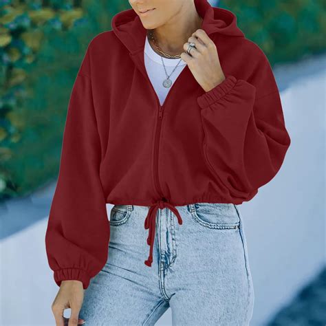 Fengqque Women Crop Top Sweatshirt Fleece Zipper Long Sleeve Cropped Hoodie Solid Sweater Blouse ...