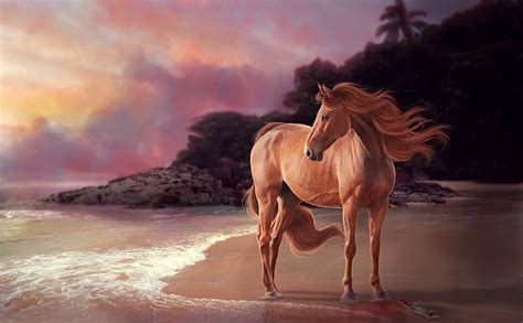 Sunset on the beach, art, sunset, waves, horse, sea, sand, water, purple, painting, HD wallpaper ...