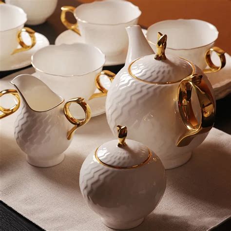 Fine Bone China Ceramic Tea Set 15 Pieces Coffee Sets Milk Bowl Royal Gifts Watermark White ...
