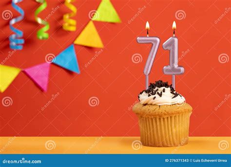 Birthday Cake with Number 71 Candle - Sparkling Orange Background with Bunting Stock Image ...