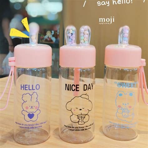 Bình nước thủy tinh Animal milk tea có tai hạt tròn màu sắc 300ml