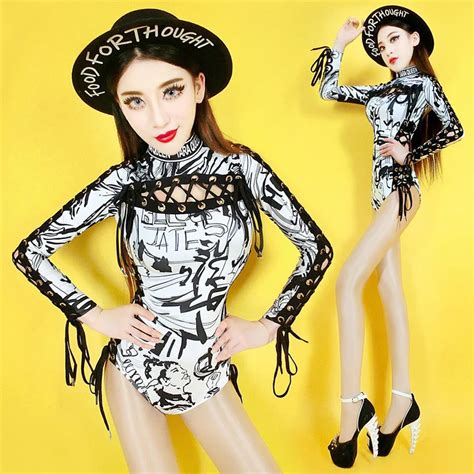 Fashion New DS Performance Nightclub Outfit DJ Costume Women Singer Sexy Club Printing Bandage ...