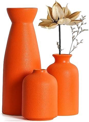Amazon.com: Orange Ceramic Vase Set of 3, 3 Orange Small Ribbed Vase ...