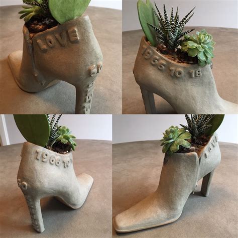 Upcycled old shoe turned into concrete covered lettered pot planter ...